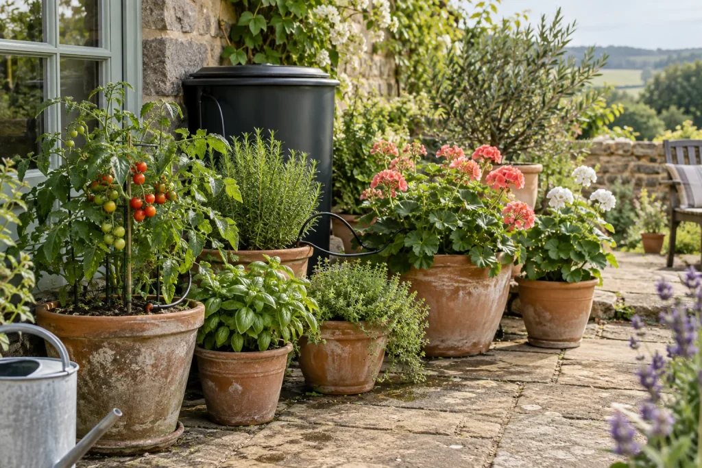 Terracotta pots with herbs, flowers and a tomato plant beside a covered water container on a stone terrace.