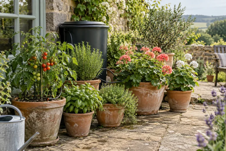 Terracotta pots with herbs, flowers and a tomato plant beside a covered water container on a stone terrace.