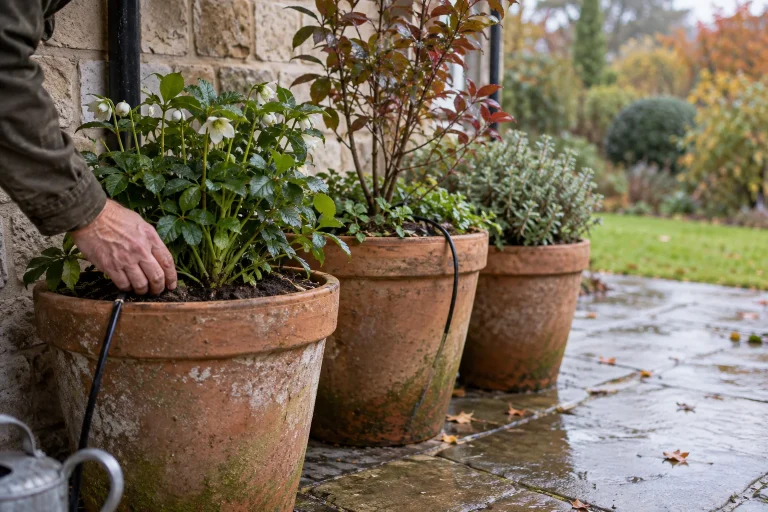 A gardener checking compost in terracotta patio containers in autumn.