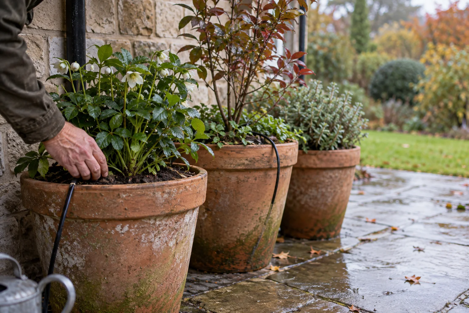 A gardener checking compost in terracotta patio containers in autumn.