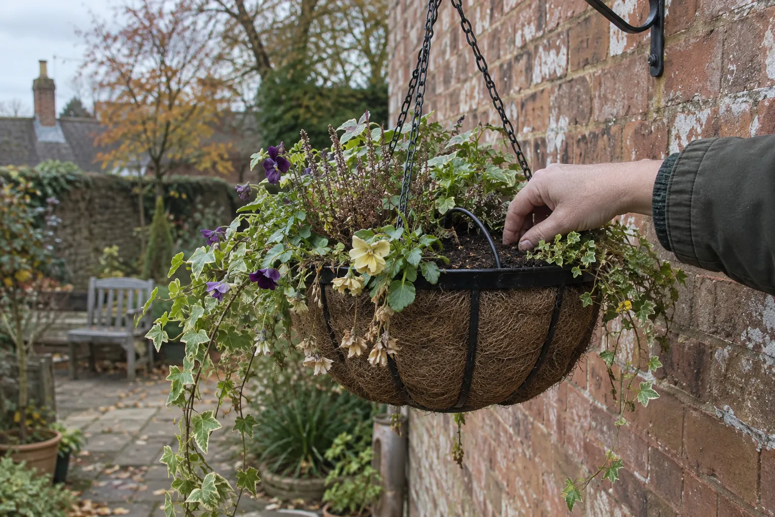 A gardener checking compost in a hanging basket on a brick garden wall.