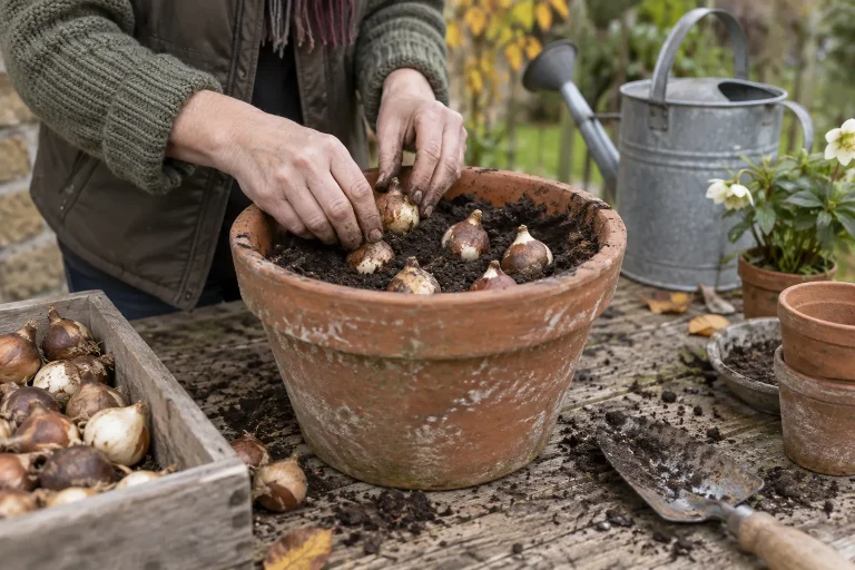 Hands planting spring bulbs in compost in a terracotta pot beside a watering can.