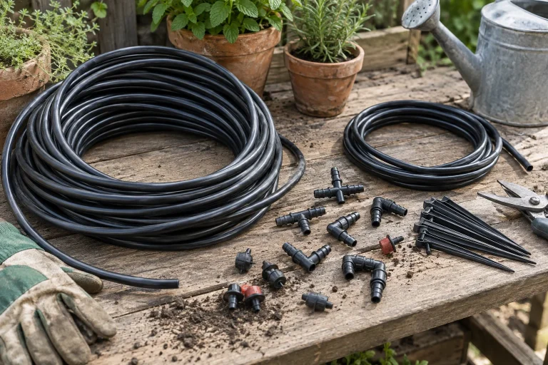 Black drip tubing, connectors, emitters and stakes on a garden potting bench.