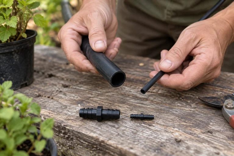 A gardener holding two sizes of irrigation tubing beside barbed connectors.