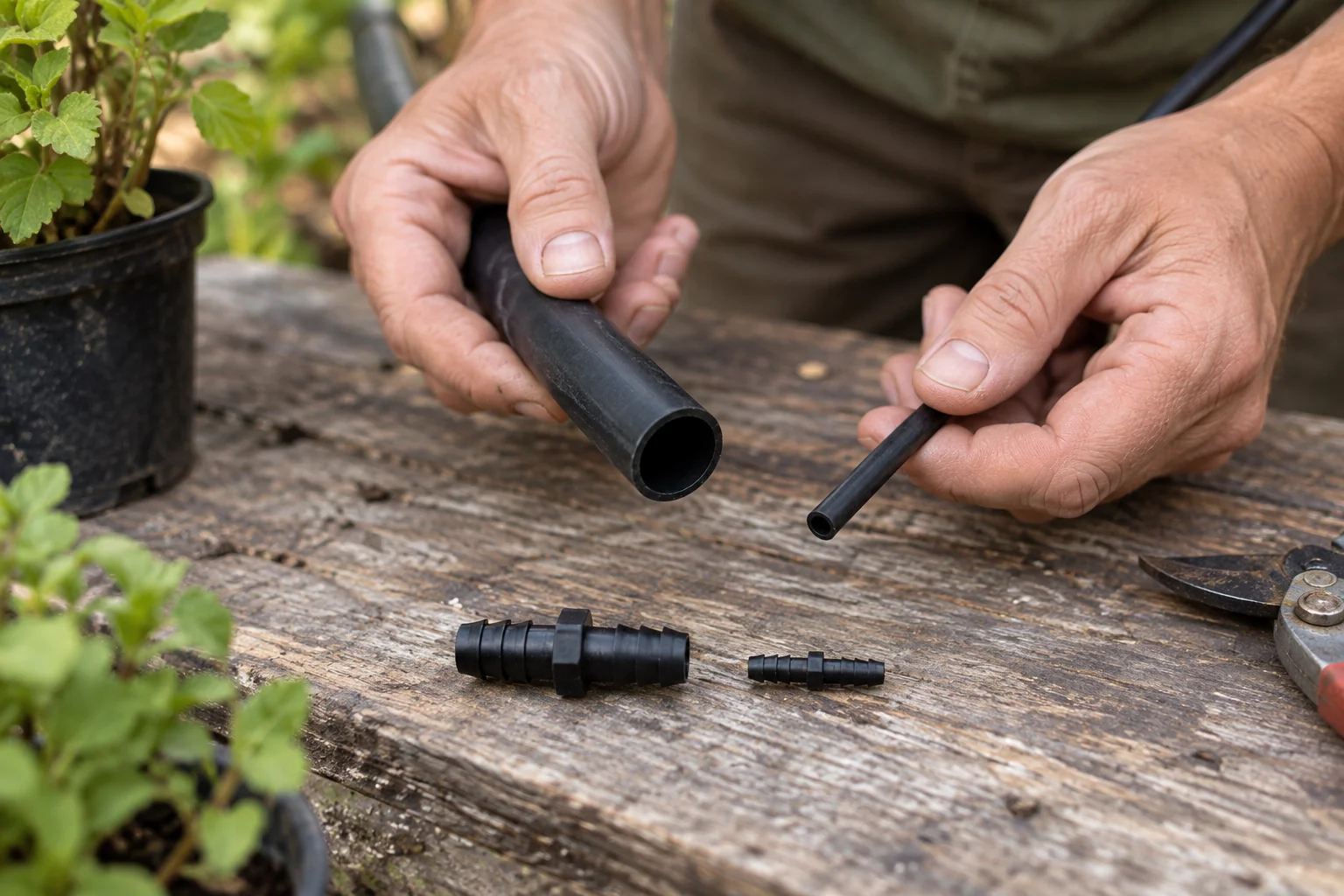 A gardener holding two sizes of irrigation tubing beside barbed connectors.
