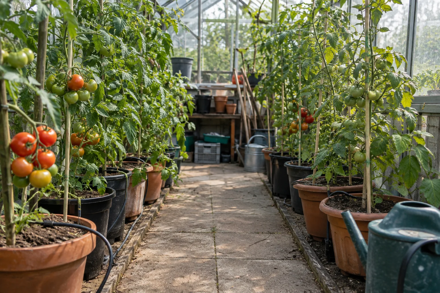 Tomato plants in greenhouse pots with drip tubing and a clear central walkway.