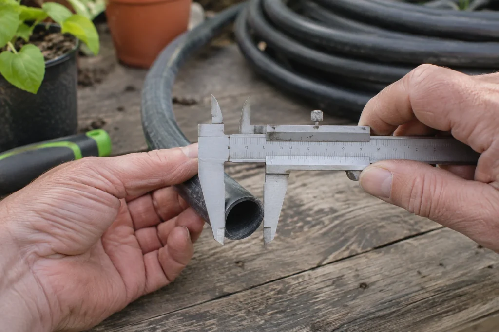 A gardener checking irrigation tube diameter with a caliper.