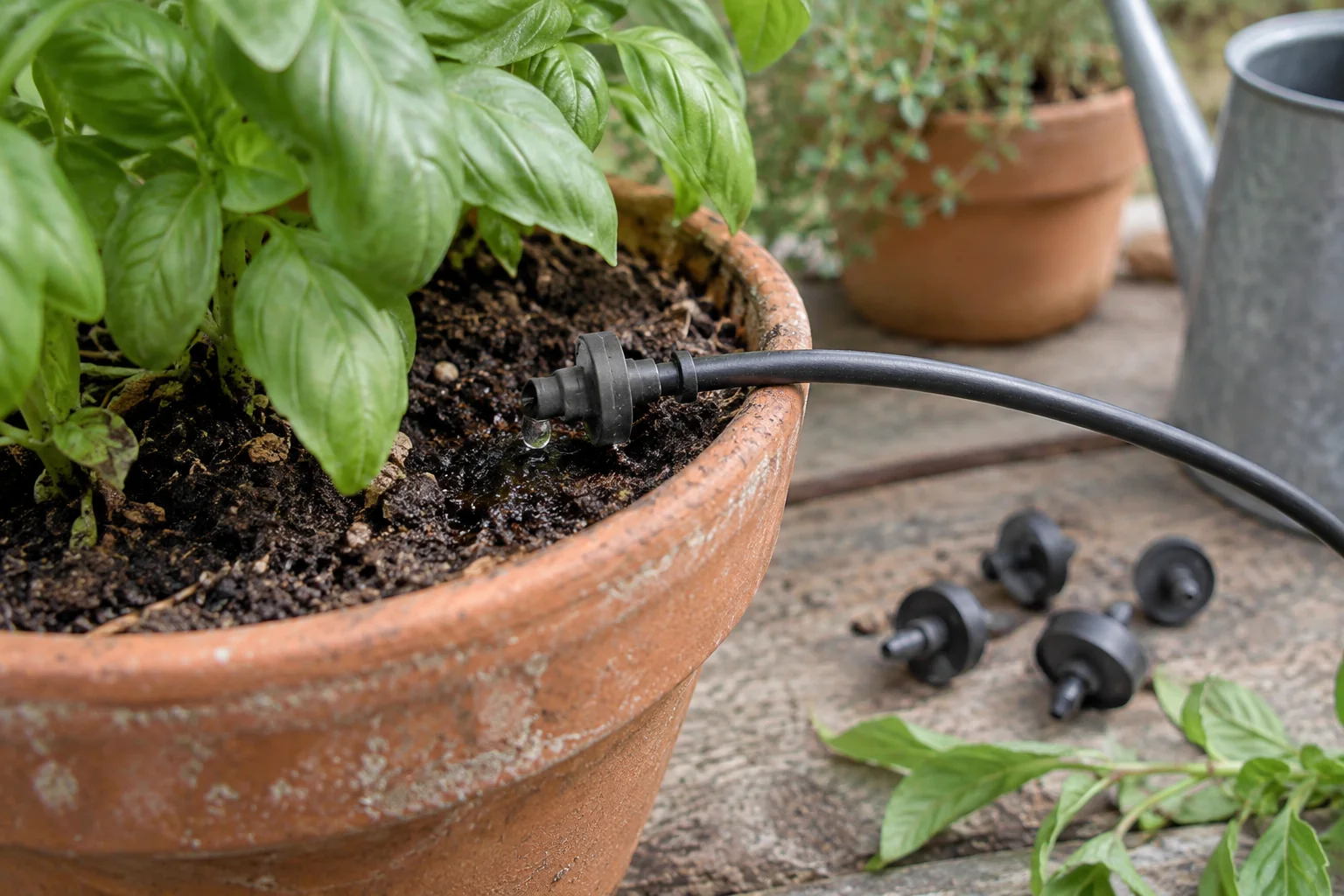 A small drip emitter supplying a potted herb beside spare emitters.