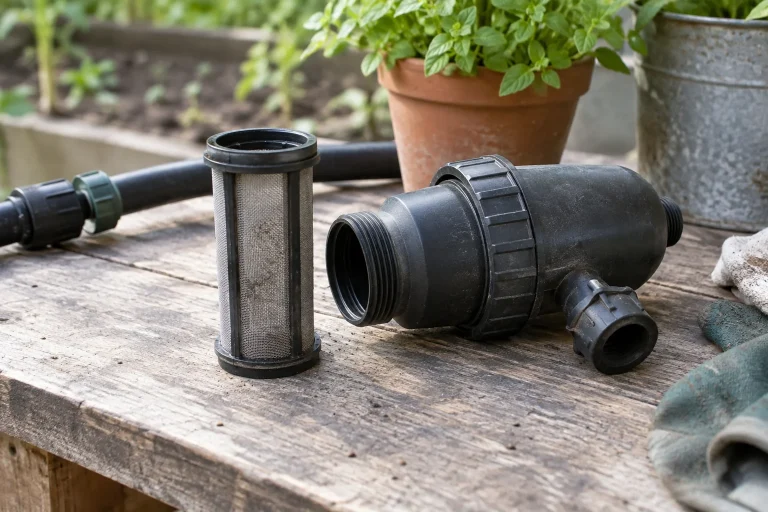 A removable mesh screen beside an open inline irrigation filter housing.