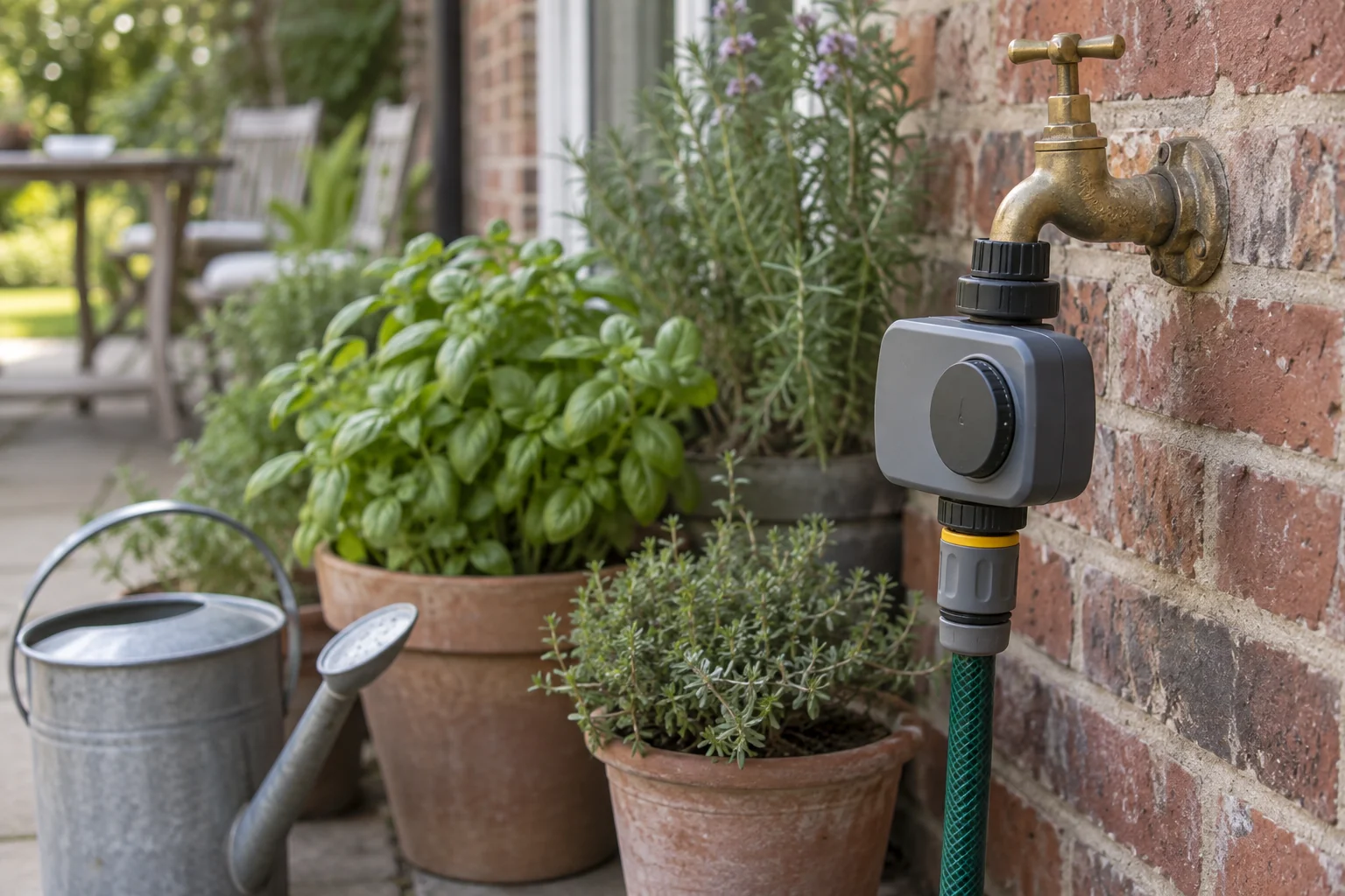 An unbranded tap watering controller mounted beneath an outdoor garden tap.
