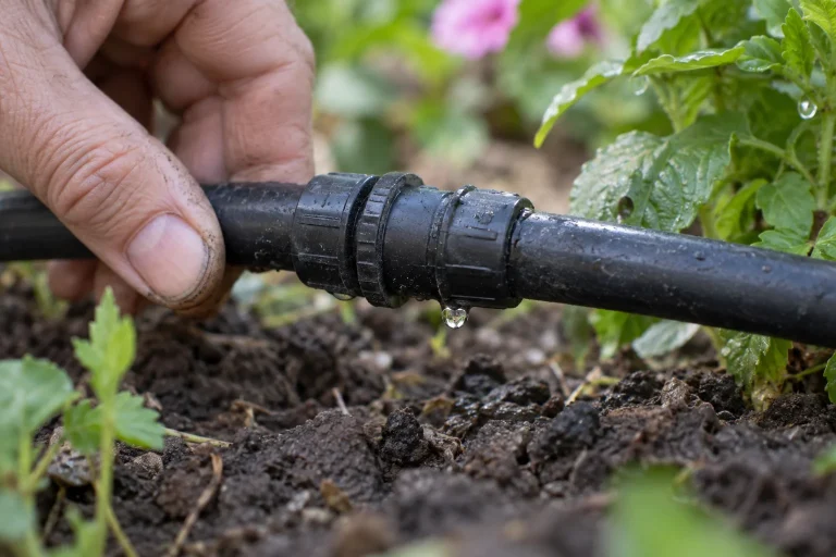 A gardener inspecting a bead of water at a drip tubing coupling.