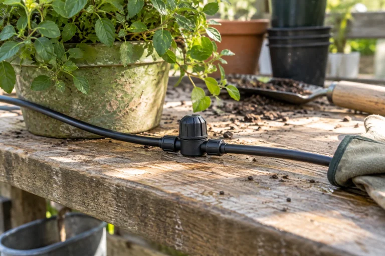A generic inline irrigation pressure-control fitting and black tubing on a bench.