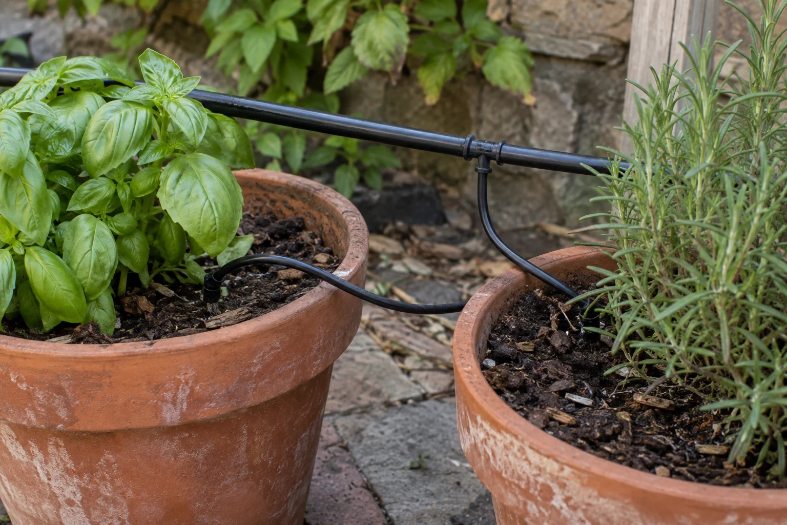 Microtubing and branch connections supplying neighbouring herb pots.