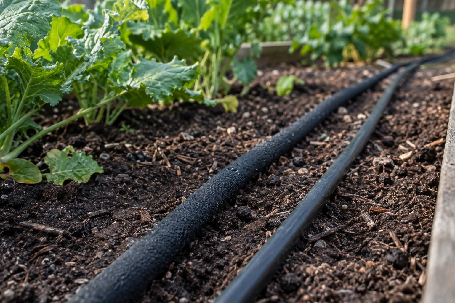 Textured soaker hose and smooth drip tubing beside a vegetable border.