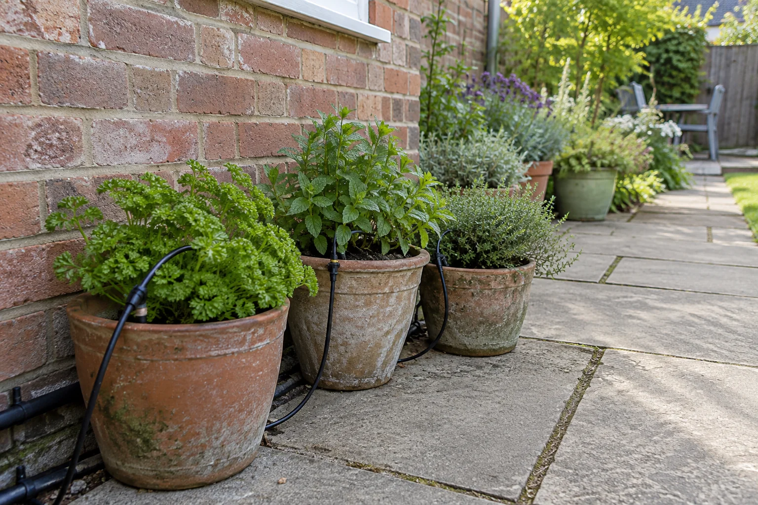 Patio herb pots supplied by black drip microtubing along a brick wall.