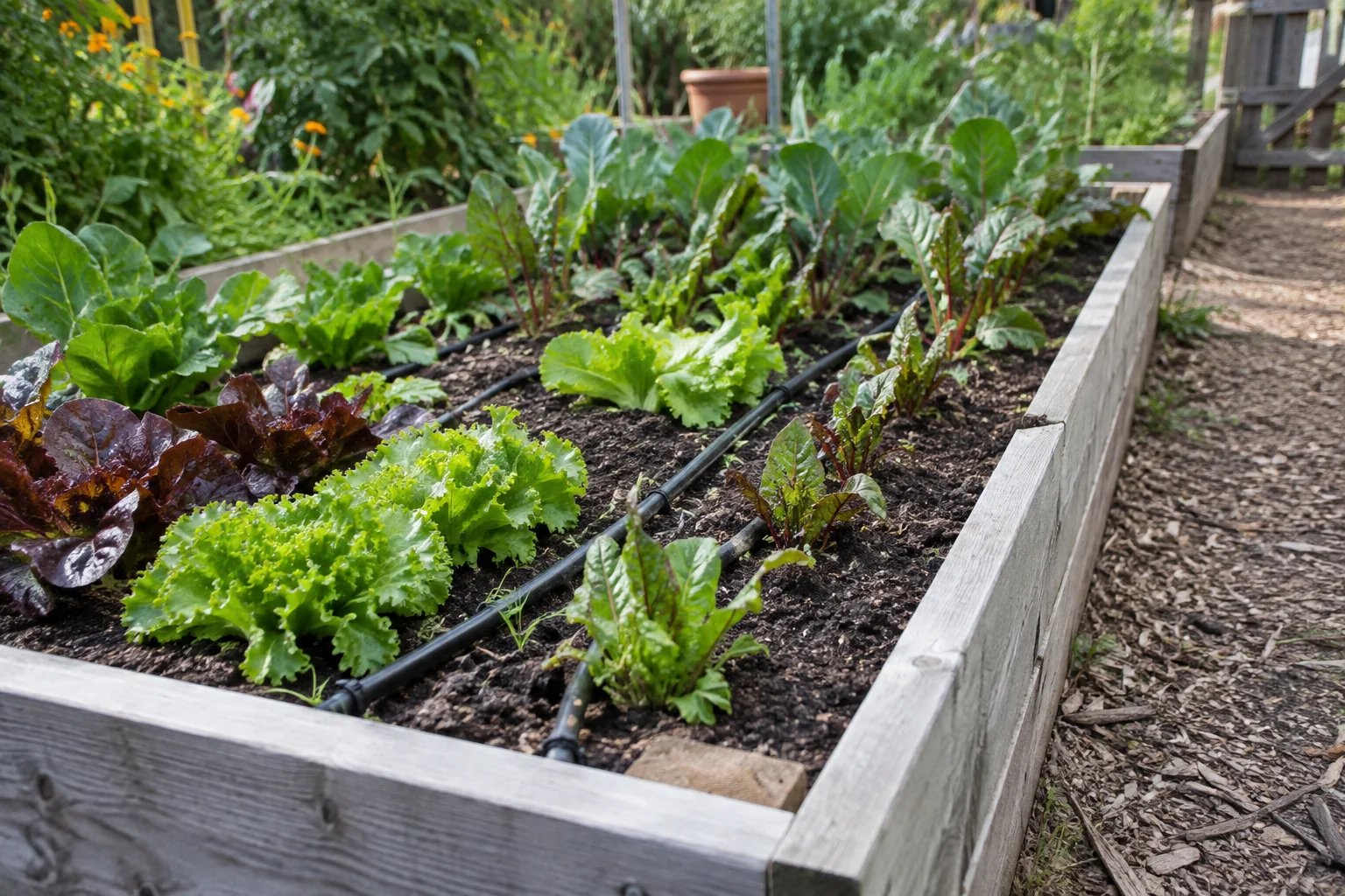 Vegetables in a wooden raised bed with drip lines along the rows.
