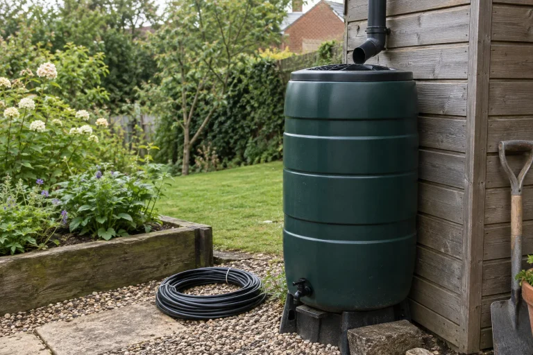 A rainwater butt beside a shed and a separate unattached irrigation tubing coil.