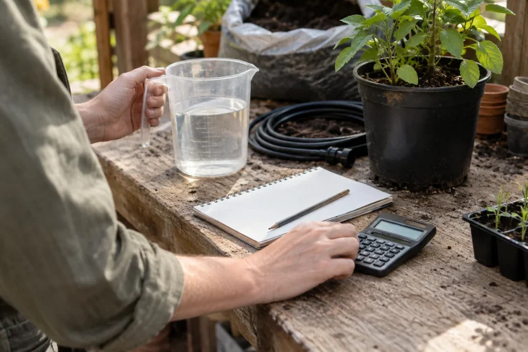 A measuring jug, calculator and blank notebook prepared for estimating irrigation water use.