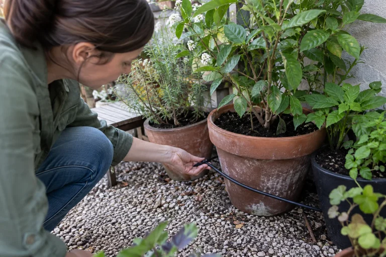 A gardener inspecting a drip tubing route between patio pots.