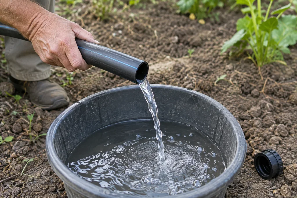 Water flowing from an open irrigation pipe end into a collection tub.