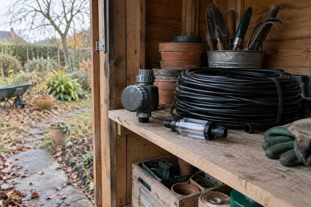 Disconnected watering components stored on a dry shed shelf.