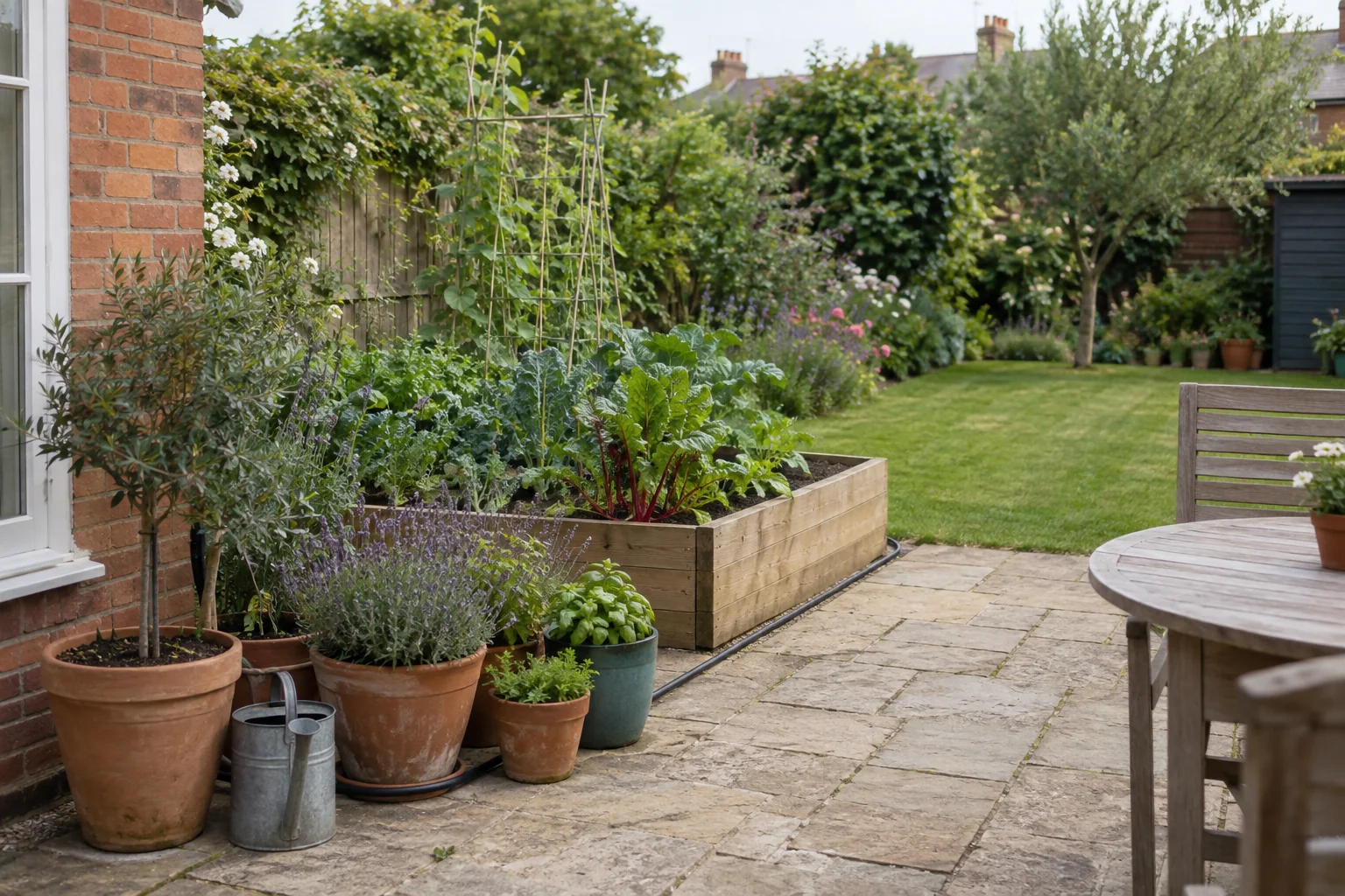 Separate patio containers, vegetable bed and planted border in a garden.