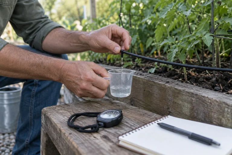 A gardener collecting dripper output in a small measuring cup.
