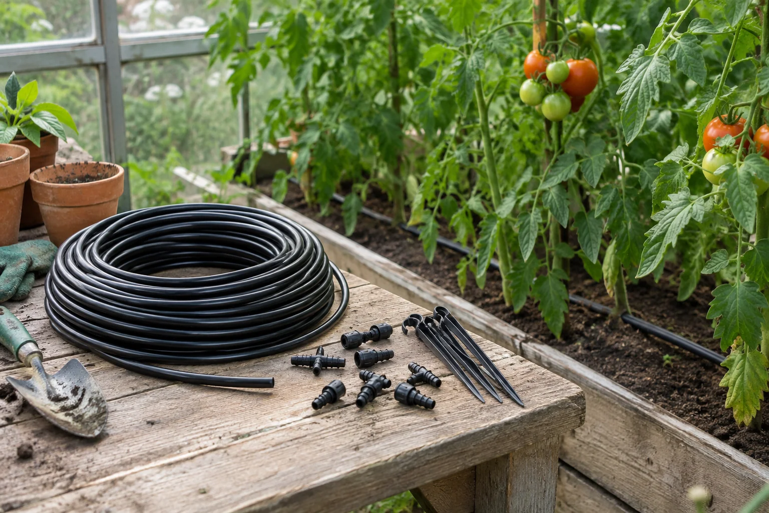 Generic drip tubing and fittings beside greenhouse tomato plants.