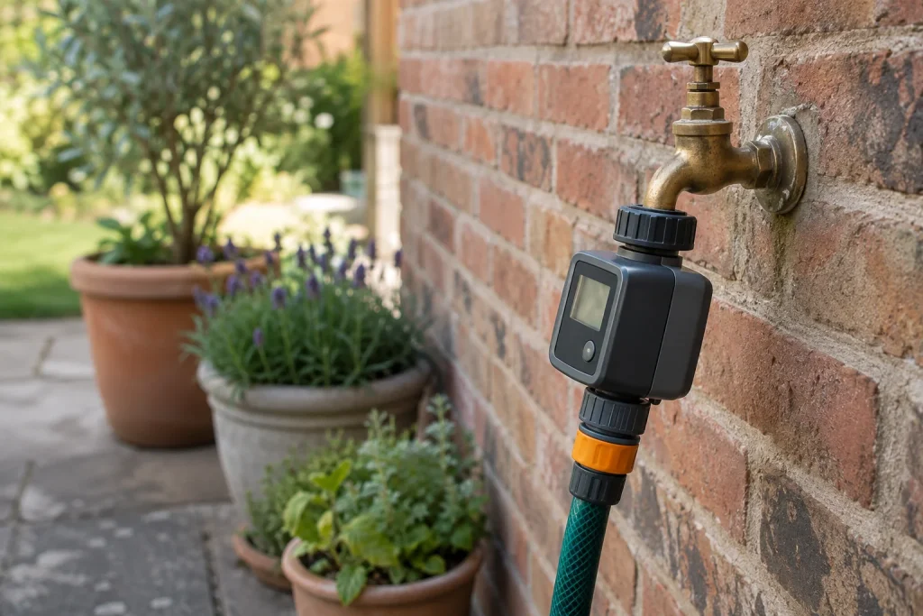 An unbranded battery tap timer in a garden watering setup.