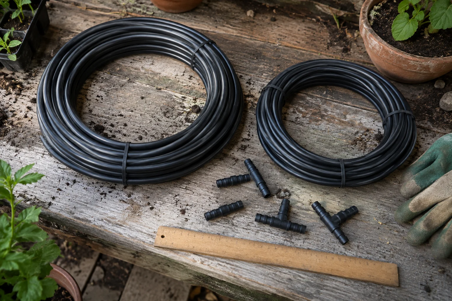 Irrigation tubing coils and connectors on a timber bench.