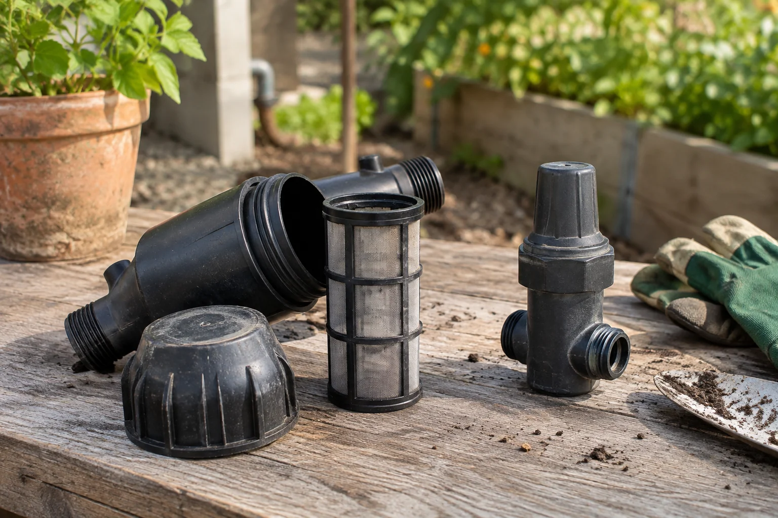Generic inline irrigation filter screen and inlet components on a potting bench.