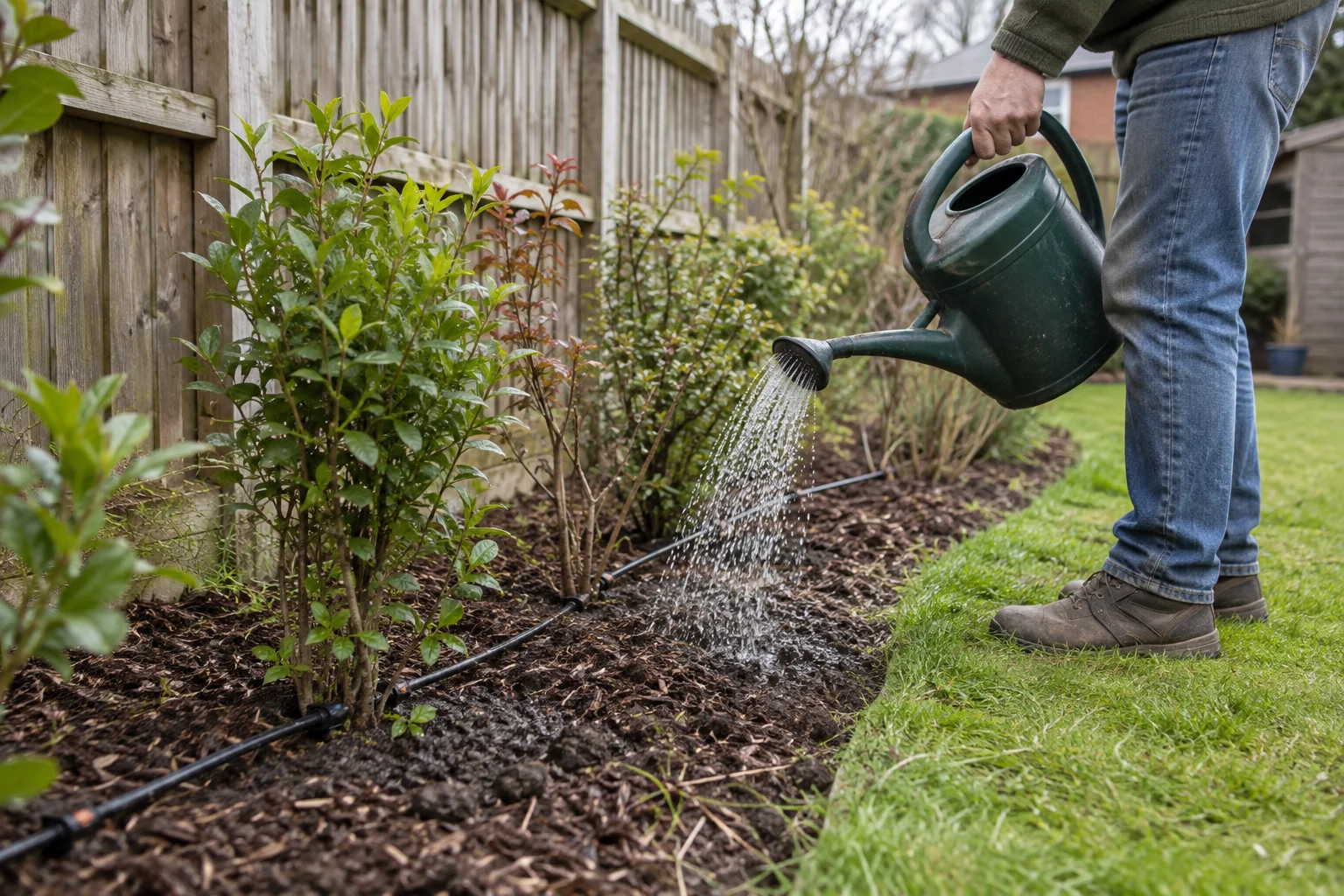 A gardener watering soil beside a newly planted hedge with drip tubing along the row.
