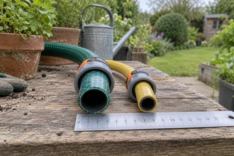 Two garden hoses with different openings and quick connectors on a potting bench beside a ruler