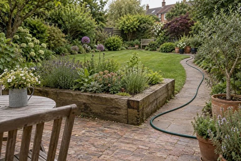 A garden hose following a paving route around a timber raised bed toward planting areas.