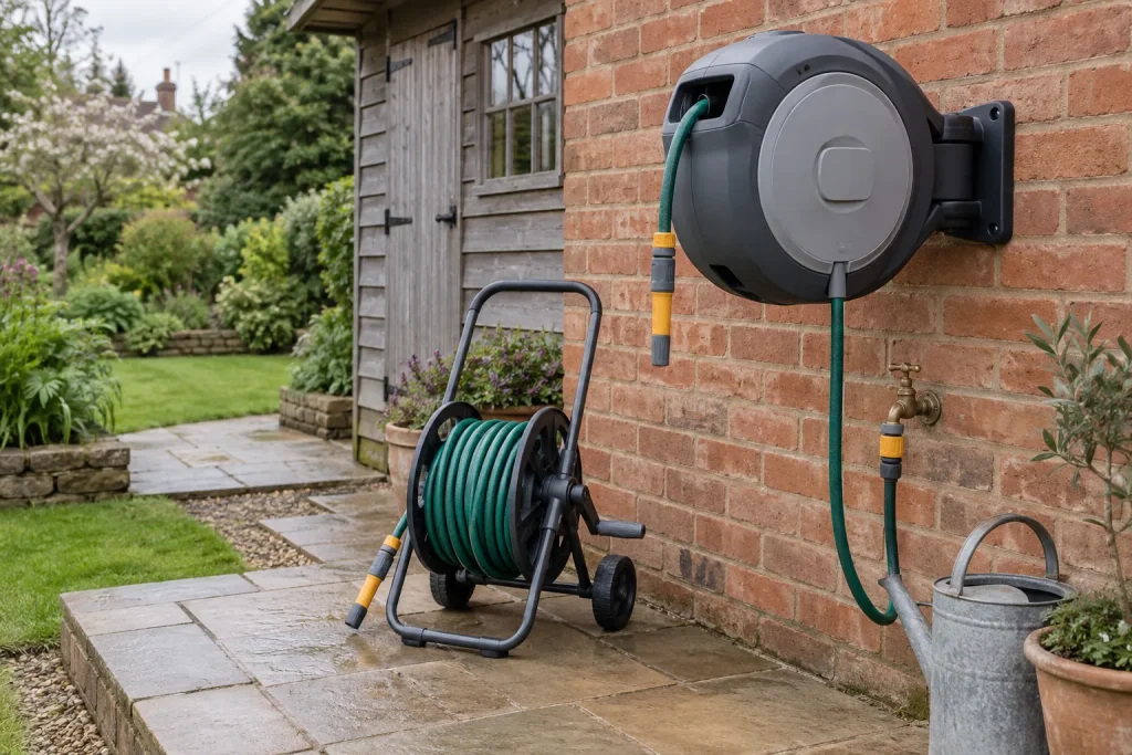 Wall-mounted enclosed hose reel and wheeled hose cart beside a garden tap