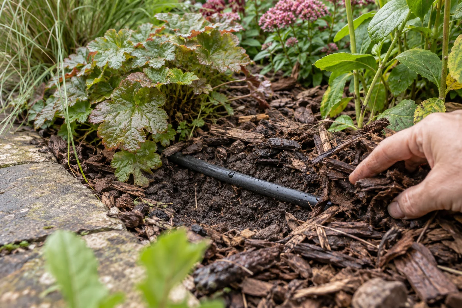 Black drip tubing at the soil surface in a mulched garden border, with bark moved aside for inspection.
