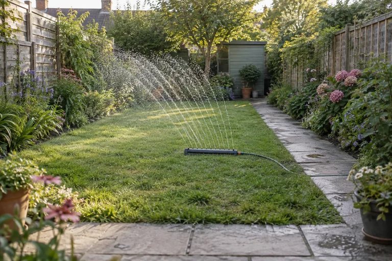 Oscillating sprinkler watering a narrow rectangular garden lawn beside a paved path