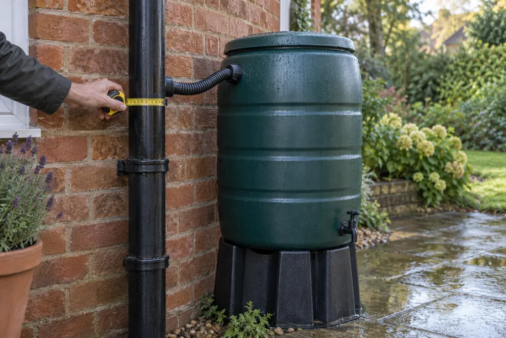 Water butt beside a plastic downpipe while its outside width is measured