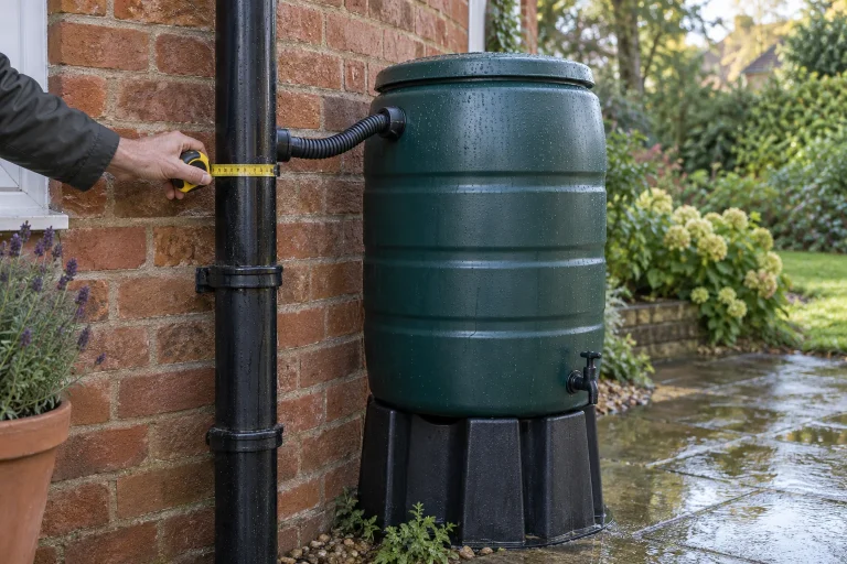 Water butt beside a plastic downpipe while its outside width is measured