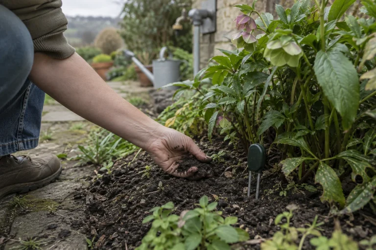 A gardener checking soil moisture beside plants and a small soil moisture probe.