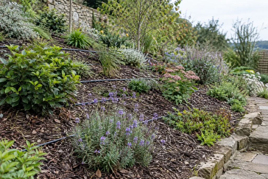 Drip tubing running across a sloping planted garden border beside a stone path.