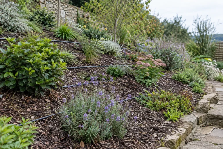 Drip tubing running across a sloping planted garden border beside a stone path.