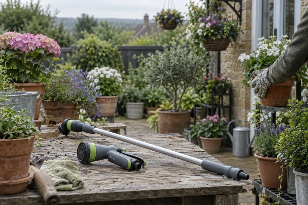 Compact hose spray gun and long watering lance on a garden potting bench