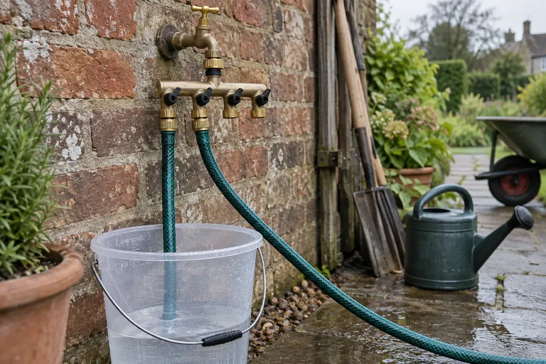 Outdoor tap with four-outlet hose distributor and bucket for measuring flow