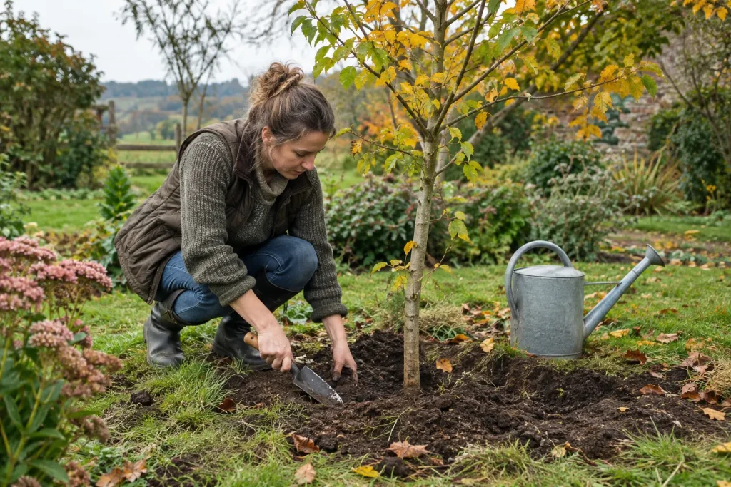 A gardener checking soil beside a young tree with a watering can nearby.