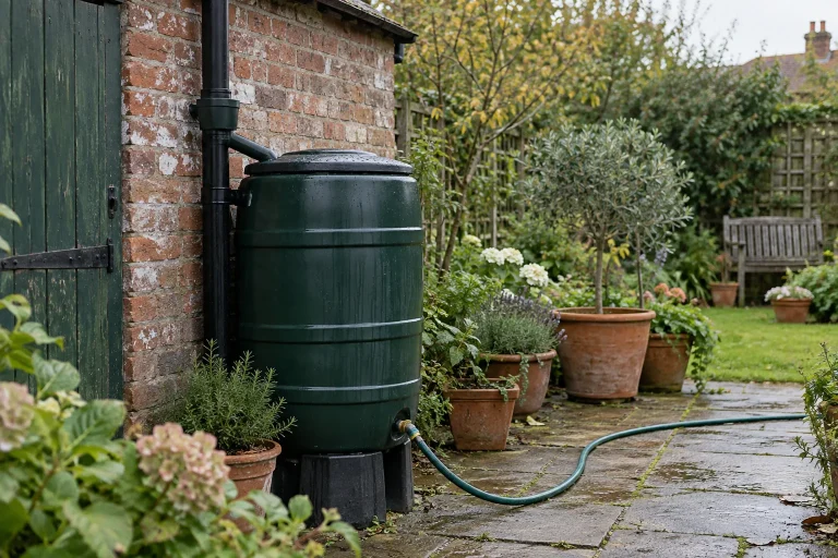 Covered green water butt beside a brick shed with a hose and nearby container plants