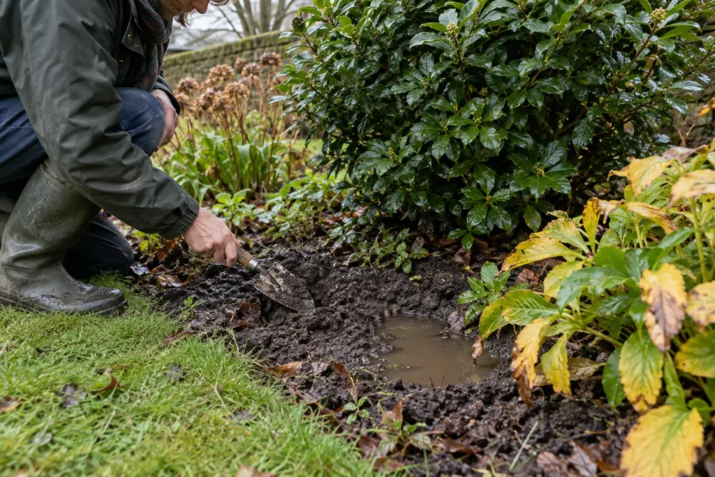 A gardener inspecting wet soil and shallow puddling beside a shrub after rain.