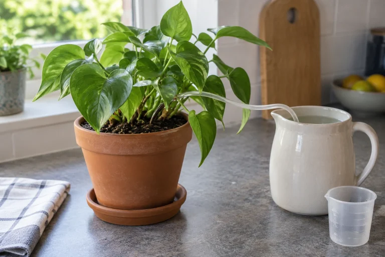A potted houseplant beside a water jug and fine watering tube on a protected kitchen counter.