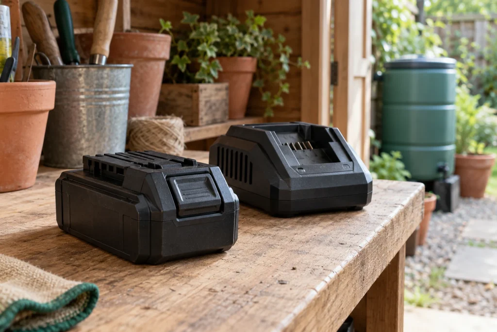 Unbranded cordless-tool battery and disconnected charger on a dry wooden shed workbench.