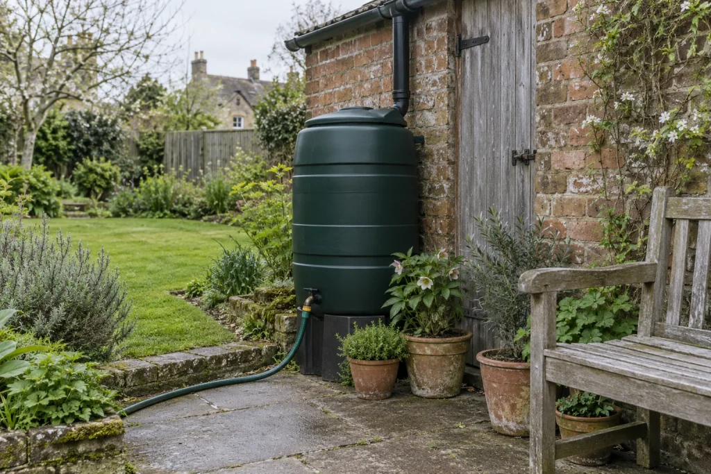 Closed green rainwater butt beside a brick shed, with a hose and terracotta pots.